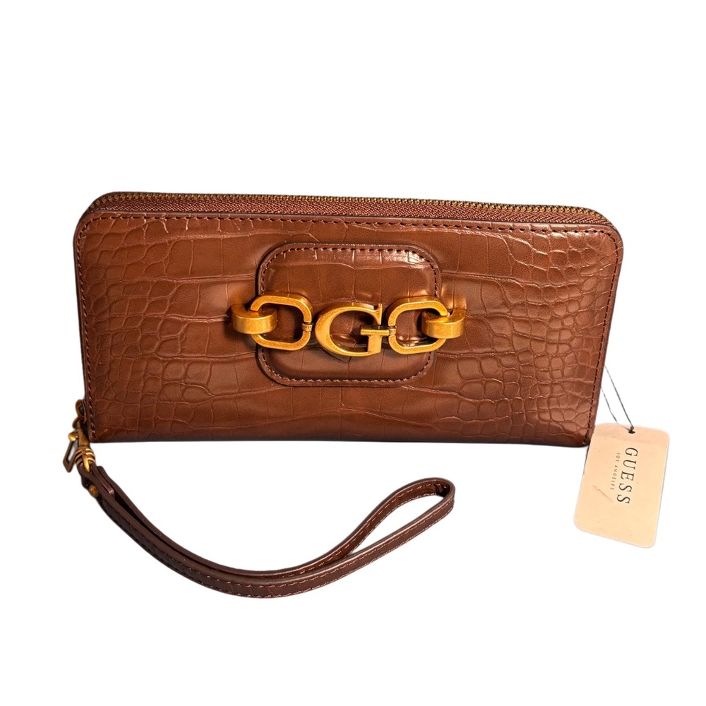 GUESS Hensely G Croc Zip Wallet Wristlet – Brown Faux Leather